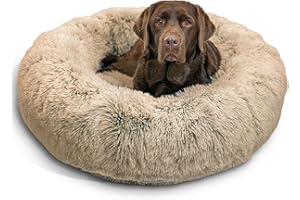 Best Friends by Sheri Original Calming Donut Dog and Cat Bed, Shag Faux Fur, Taupe, (36in x 36in) - Anxiety Relief for Pets Up to 100 lbs