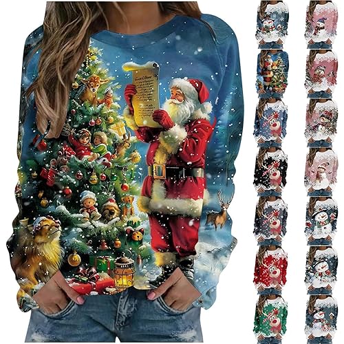 Christmas Sweatshirt for Women UK Fashion Print Funny Xmas Tops Winter Warm Pullover Sweatshirt Casual Long Sleeves Christmas Jumpers for Women Soft Comfortable Crew Neck Baggy Tops Y2K Pink