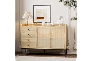 IKIFLY Rattan Sideboard Buffet Cabinet with Storage, Accent Cabinet with 2 Doors and 4 Drawers, Rattan Console Table for Dining Room, Kitchen, Entryway - Natural Wood