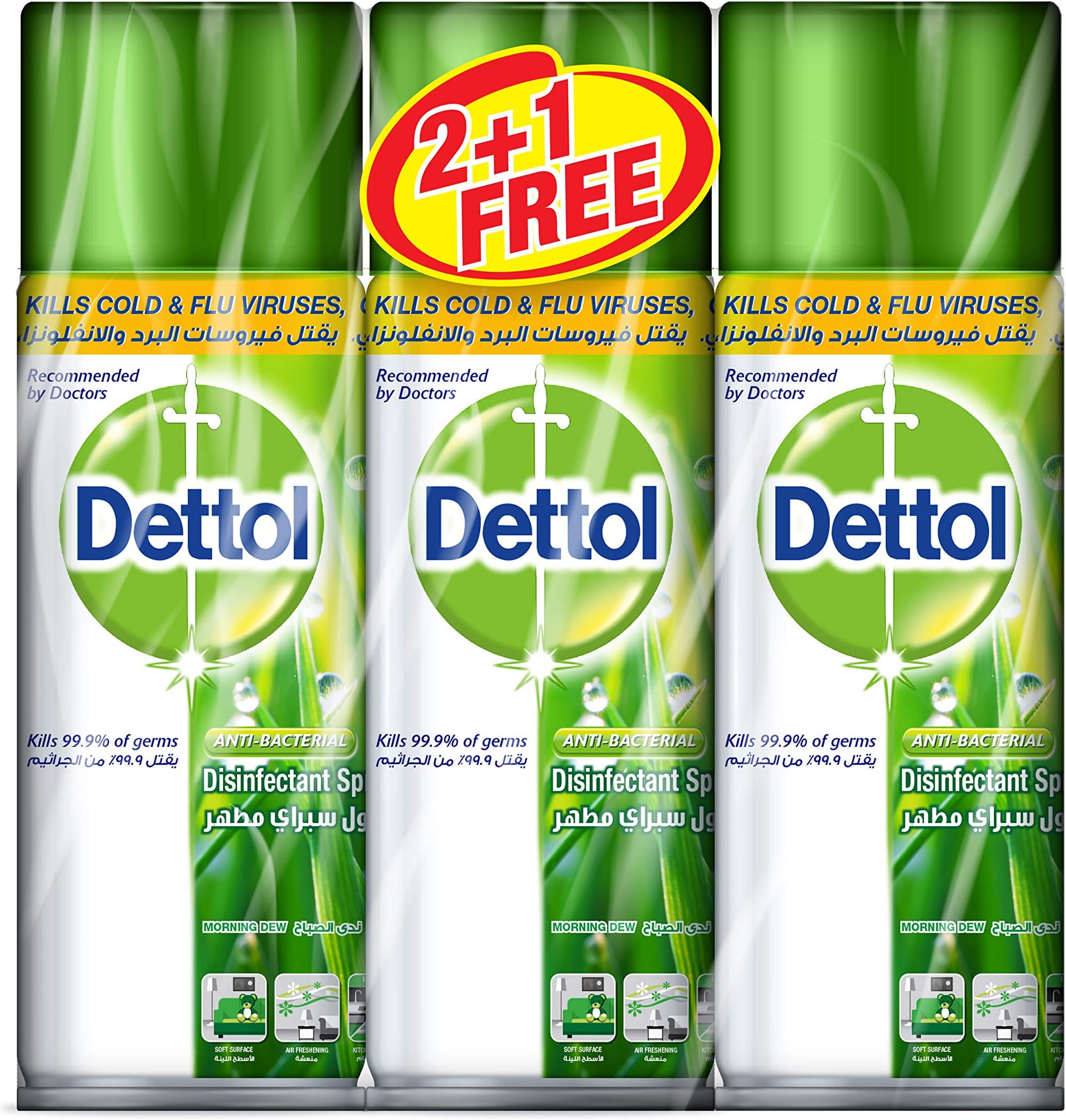 Dettol Disinfectant Spray Morning Dew, Pack of 3 Pcs (3 x 450ml