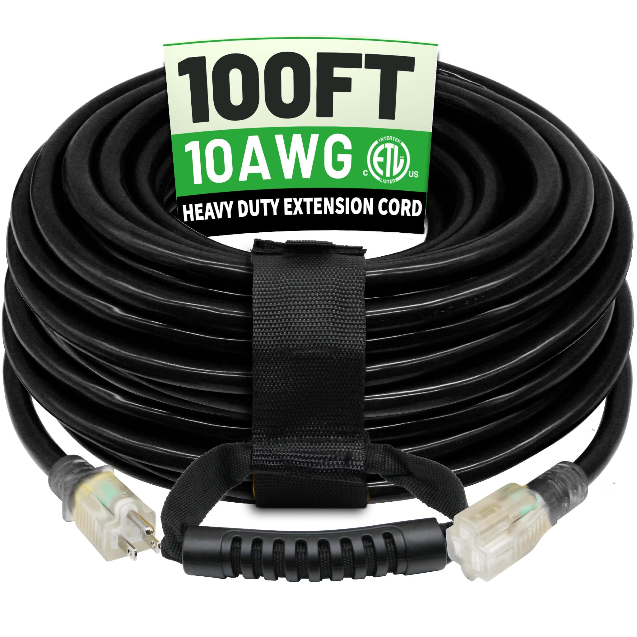 Photo 1 of POWGRN 100 Ft 10AWG Black Outdoor Extension Cord Waterproof Heavy Duty 10 Gauge 3 Prong, Flexible Cold-Resistant Long Power Cord Outside with Lighted Indicator End, 15Amp 1875W SJTW ETL Listed