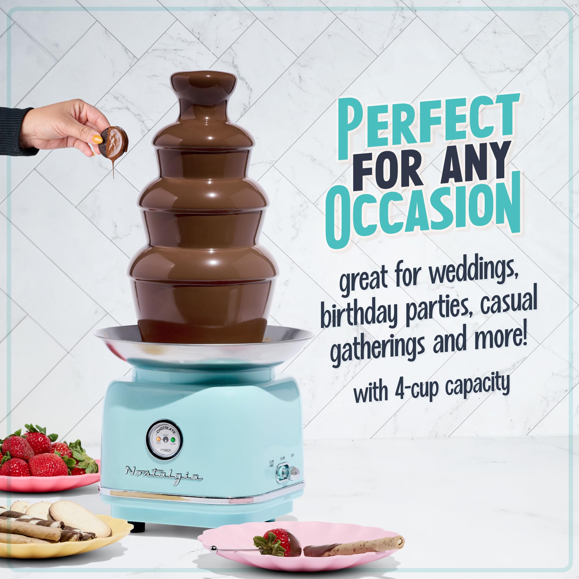 Nostalgia 4 Tier Electric Chocolate Fondue Fountain Machine for Parties - Melts Cheese, Queso, Candy, and Liqueur - Dip Strawberries, Apple Wedges, Vegetables, and More - 32-Ounce - Aqua