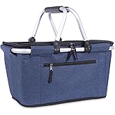 Picnic Basket, SIYUAN Collapsible Shopping Basket with Lid 27L Large Market Basket with Handles Reusable Folding Grocery Basket Insulated Cooler Bag for Picnic Travel, Blue
