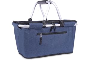 Picnic Basket, SIYUAN Collapsible Shopping Basket with Lid 27L Large Market Basket with Handles Reusable Folding Grocery Basket Insulated Cooler Bag for Picnic Travel, Blue