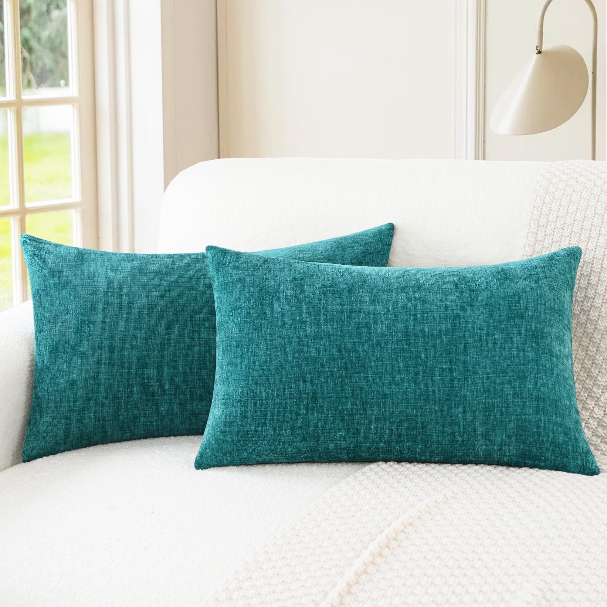 CaliTime Pack of 2 Cozy Bolster Pillow Covers Cases for Couch Sofa Home Decoration Solid Dyed Soft Chenille 30cm X 50cm Teal — image 1