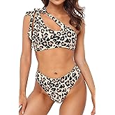 Women's 2 Piece Leopard Bikini Set, Thong Bikini Sexy Triangle High Cut, Swimsuit Bathing Suit High Leg Thong Two Piece Swimsuit