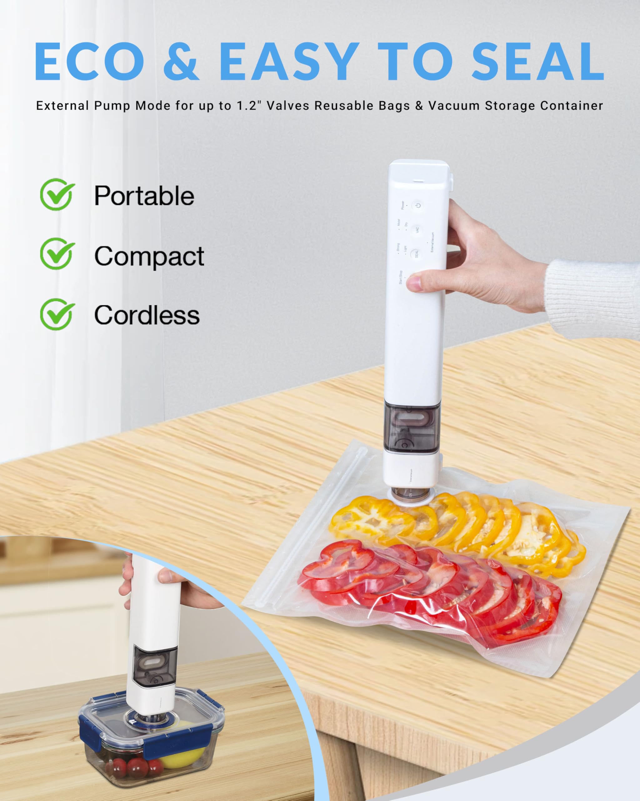 ZOES HOMEWARE 2025 Cordless 2-in-1 Vacuum Sealer Machine for Food, 60kPa Compact Dual Suction Port Food Sealer with Visiable Water Tank, Handheld Saver Sealer with 20 Reusable Bags& 1 Vacuum Roll Bags
