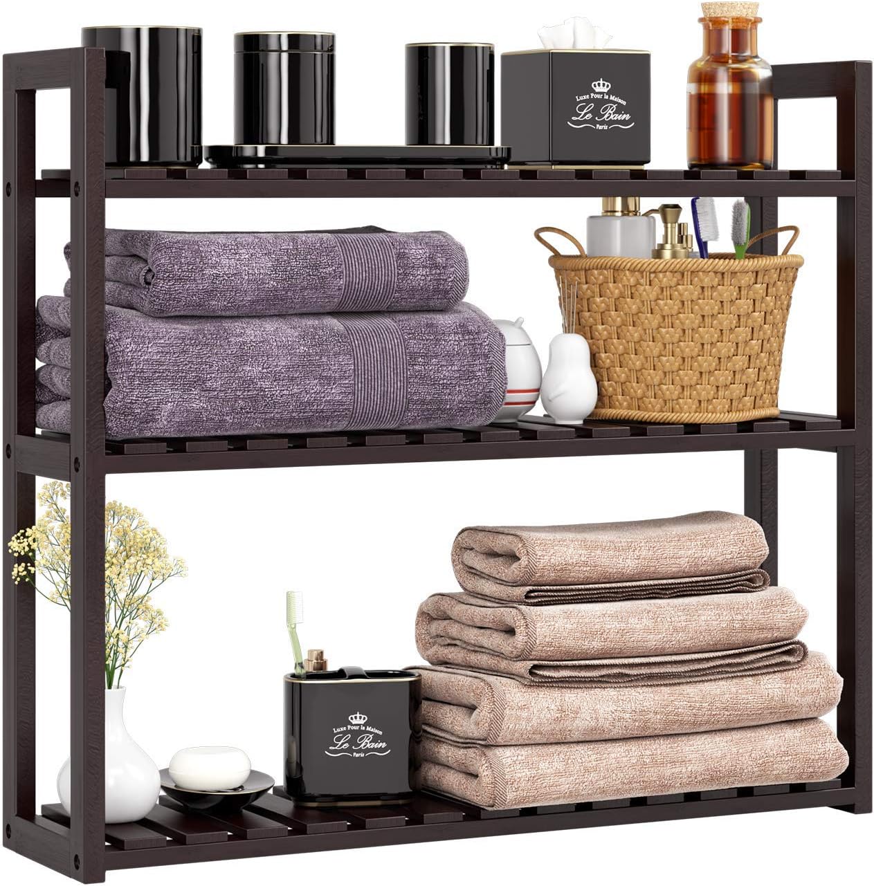 HOMFA Bamboo Bathroom Shelf 3-Tier Multifunctional Adjustable Layer Rack Wall Mounted Utility Storage Organizer Towel Shelves Kitchen Living Room Holder Dark Brown: Home Improvement