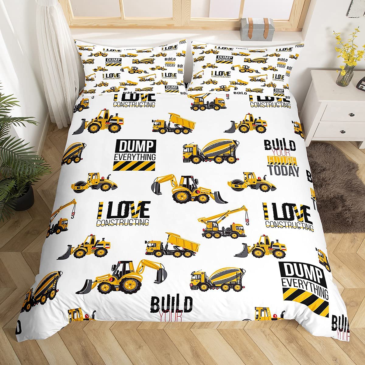 Boys Construction Vehicles Bedding Set Kids Cartoon Machinery Cars Comforter Cover Funny Words Road Roller Bulldozer Tractor Duvet Cover Hauler Dumper Truck Crane Bedding & Linen King Size 3Pcs