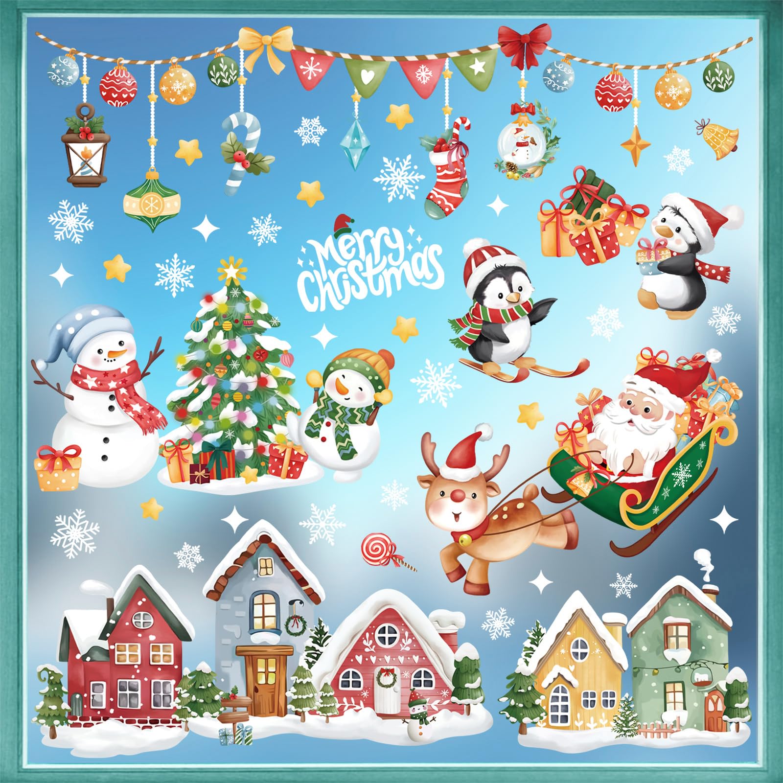 wondever Christmas Snow House Window Clings Christmas Tree Snowman Penguin Glass Sticker Decal Anti Collision Double-Side Static Window Decals for Glass Window Christmas Party