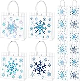 Tenceur 24 Pcs Winter Blue Snowflakes Clear PVC Gift Bags with Handles Winter Party Favor Bags Bulk Reusable Snowflakes Goodies Candy Treat Totes for Holiday Party Favors Supplies