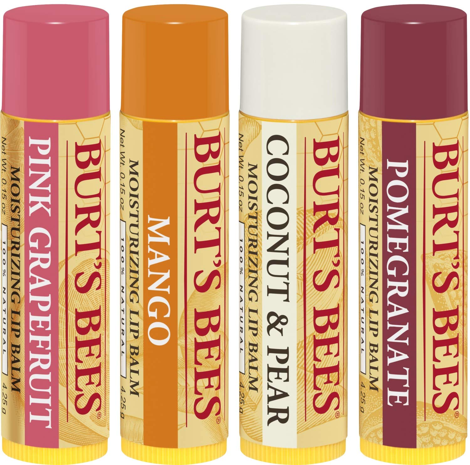 Burt's Bees 100% Natural Moisturizing Lip Balm, Superfruit - Pink Grapefruit, Mango, Coconut & Pear, Pomegranate - 4 Tubes : Beauty