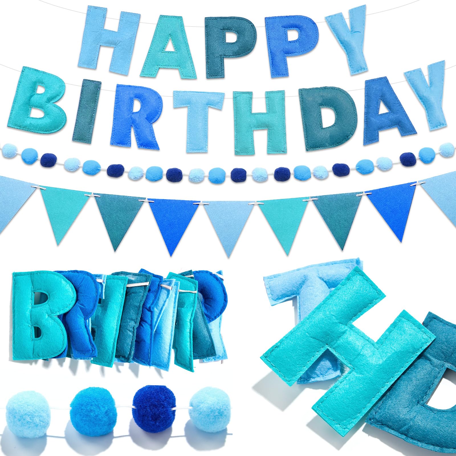 Photo 1 of QOUBAI Pre-Strung Happy Birthday Banner Felt Ball Happy Birthday Garland Blue Birthdays Decorations Bunting String Triangle Flags Navy Blue Pennant Banners Photo Booth Party Supplies for Women Men