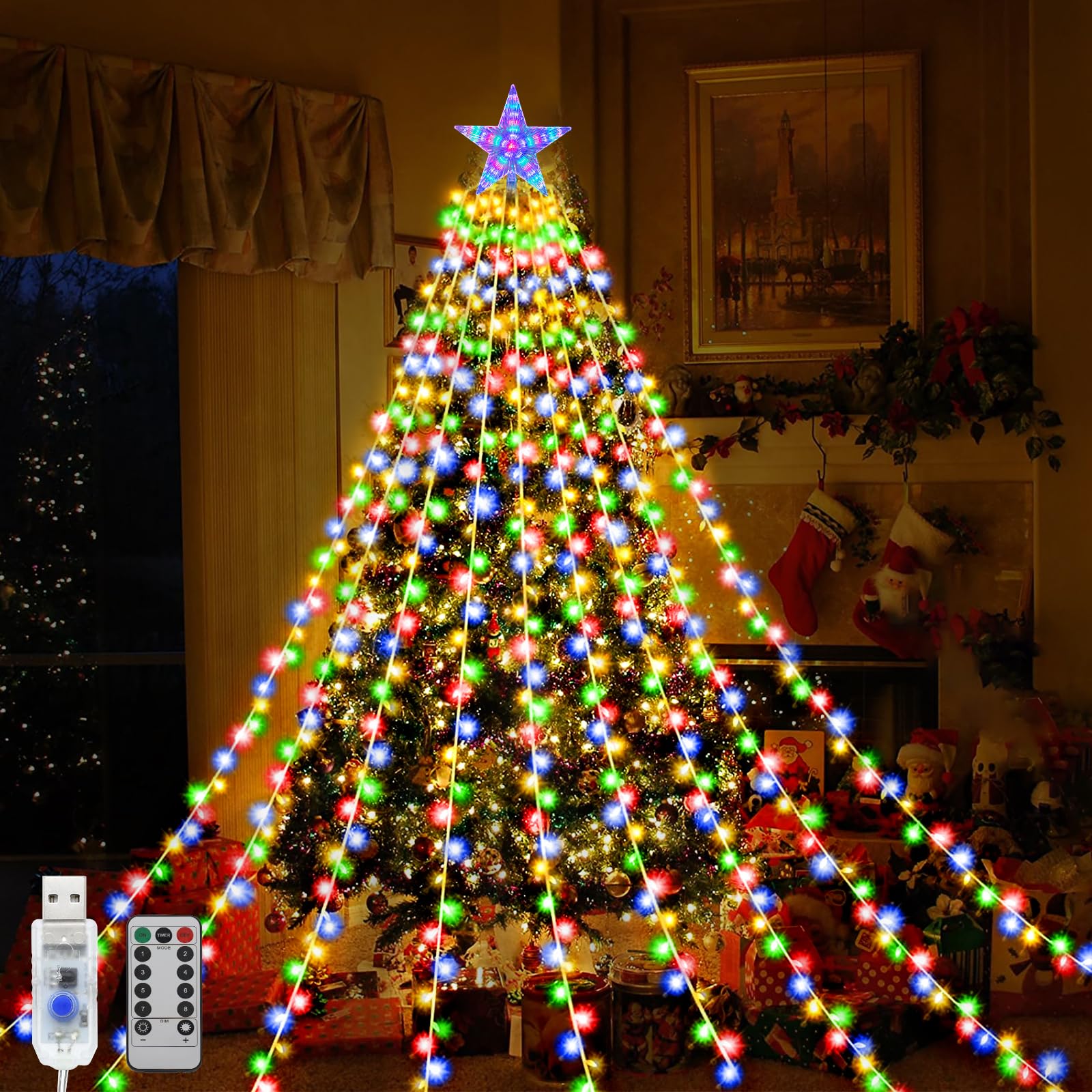 Micacorn Christmas Decorations Lights, USB , 6.6 ft 9 Strand 198 LED String Light with Topper Star, 8 Modes Waterfall Tree Lights with Remote for Xmas Wedding Party