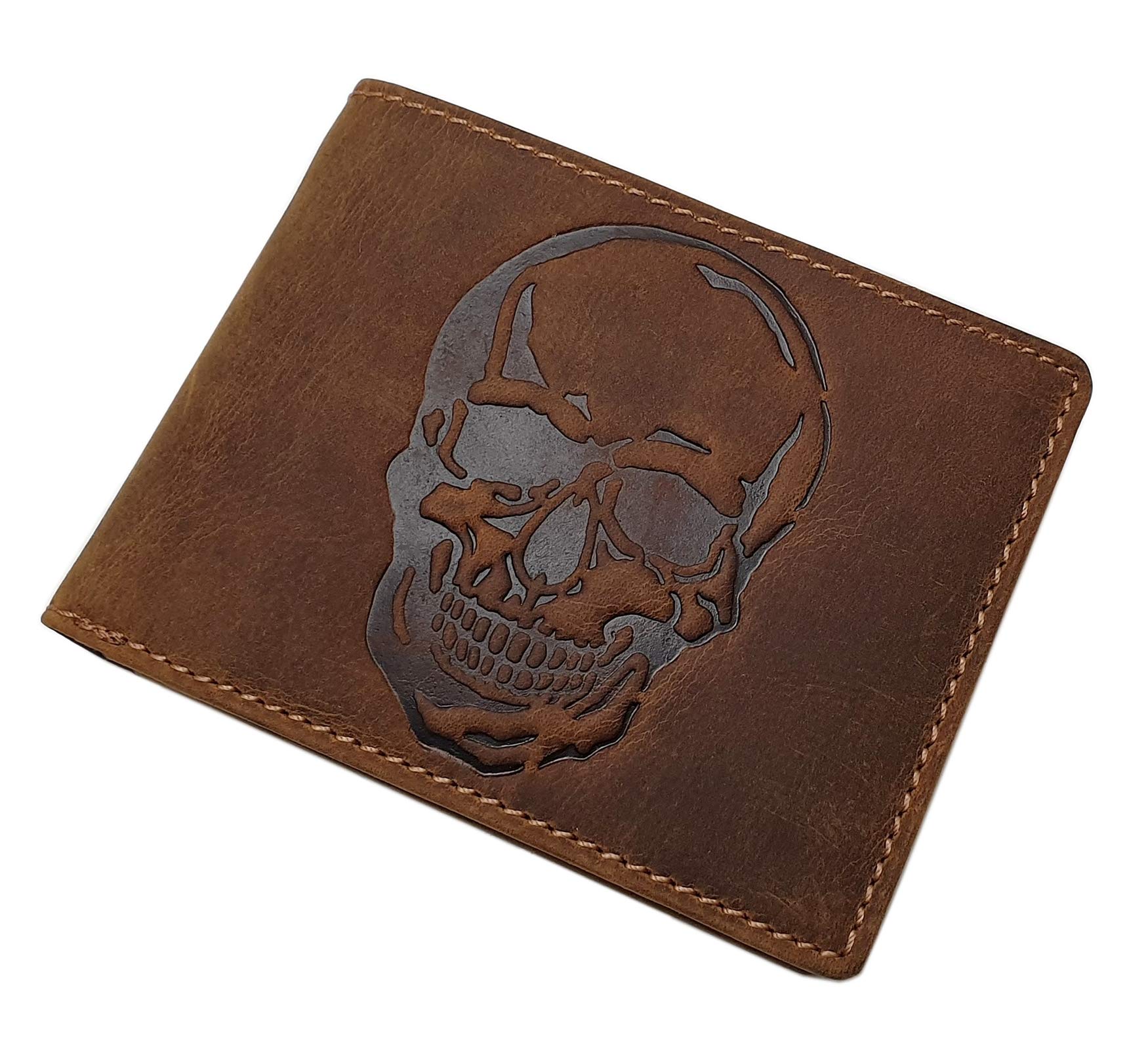 myledershop Buffalo Full Leather Wallet with Skull-Motif in Landscape Format - with RFID & NFC Blocking (Brown) — image 1