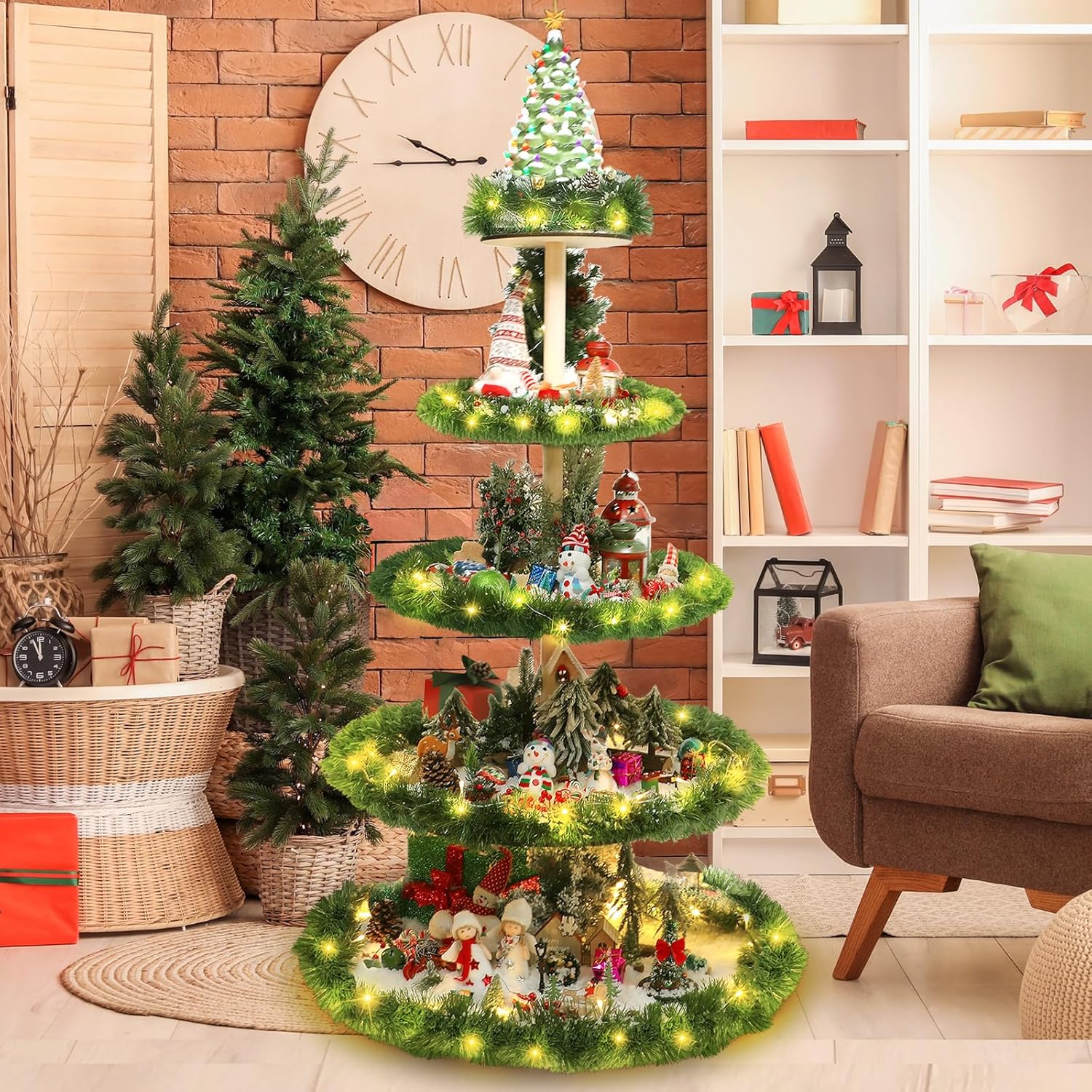 Tree Stands - Barydat 5 Tier 59 Inches Christmas Tree Village Christmas Bookshelf Display Supplies Ornament Display Tree Stand Xmas Tree Wooden Holder Christmas Village for Holiday Display