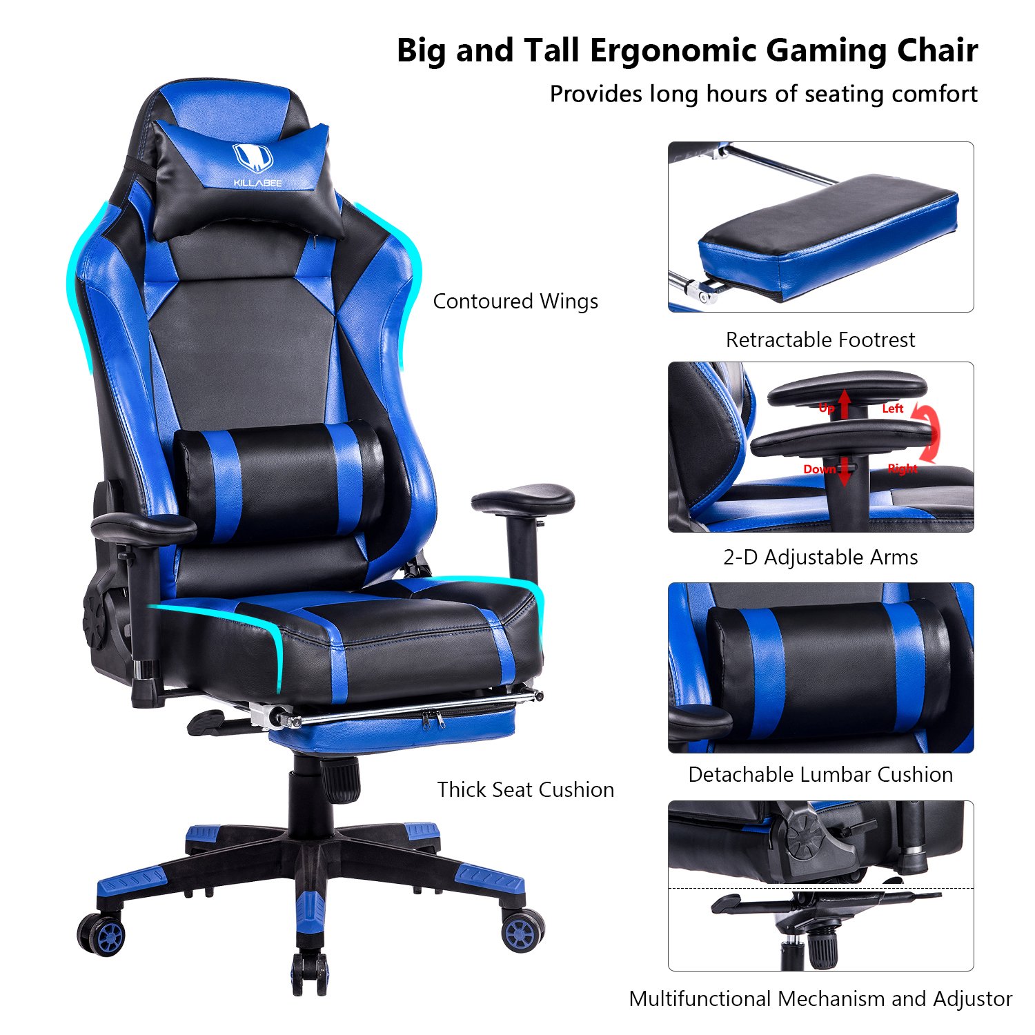 KILLABEE Big And Tall 440lb Gaming Chair Adjustable Tilt, Back Angle And 3D Arms Ergonomic