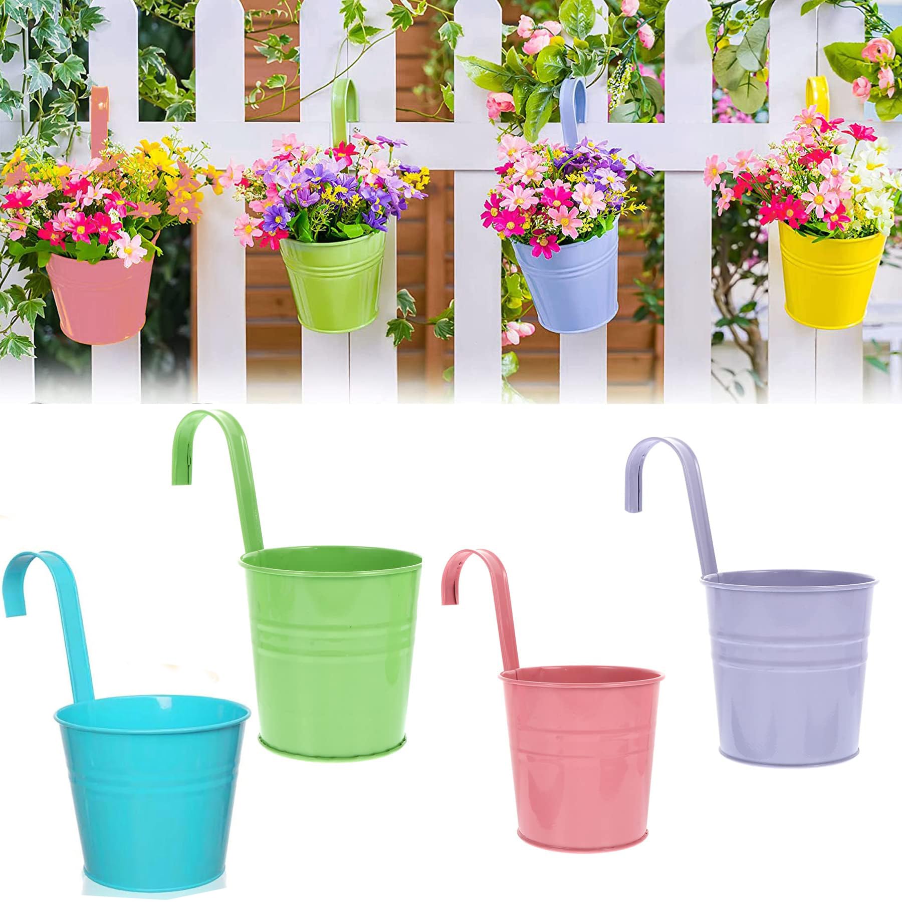 Semazz Hanging Flower Pots,4 pcs Metal Balcony Plant Hanging Pot Flower Bucket with Hook for Balcony Fence Garden Home Decor