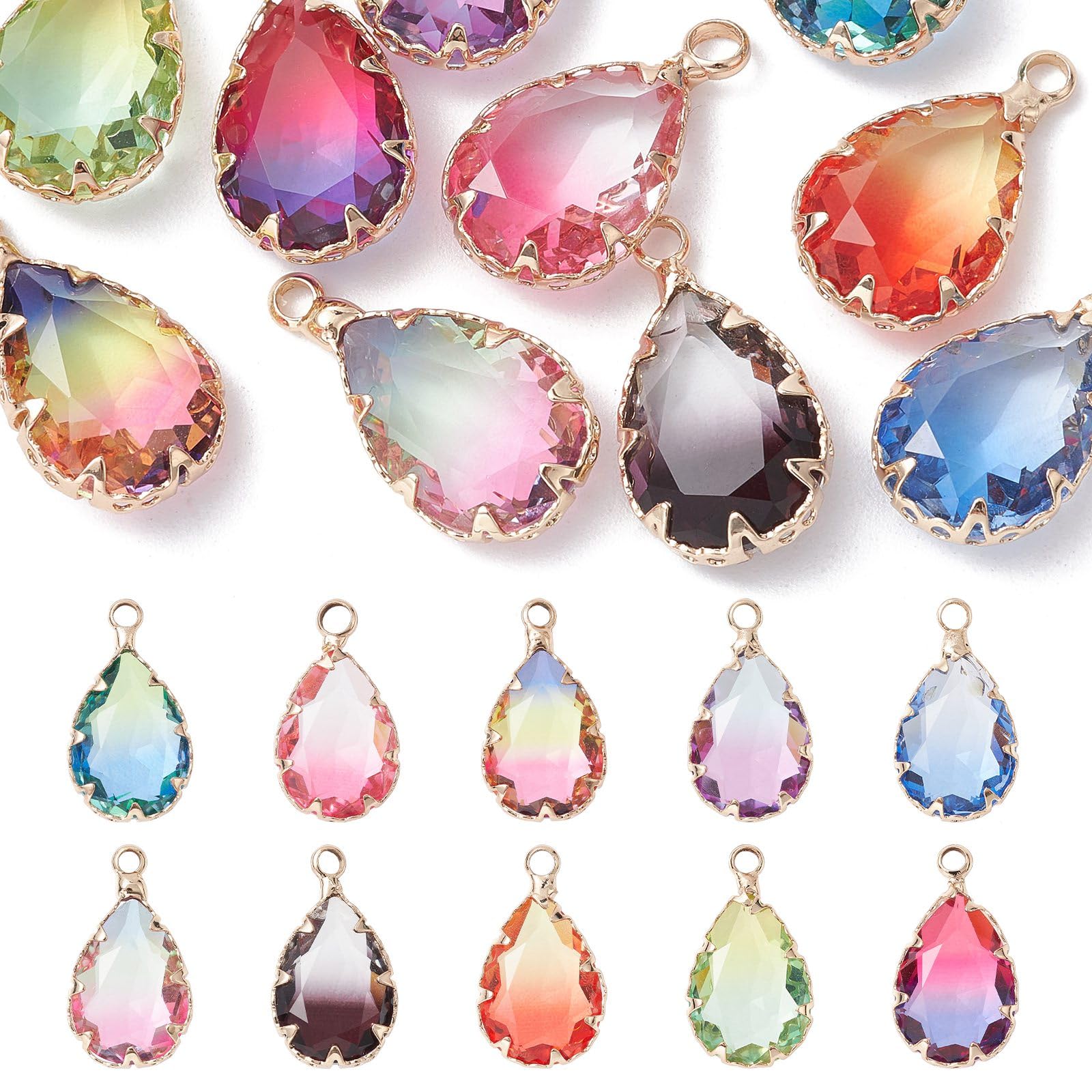Stiesy 10Pcs 10 Colors Teardrop Charms Gradient Water Droplet Glass Charm Pendants Water-Drop Dangle Charms for DIY Crafts Bracelet Jewelry Making
