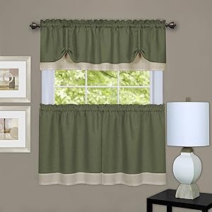 Achim Home Furnishings, Green & Camel Darcy Window Curtain Tier and Valance Set, Pair 58