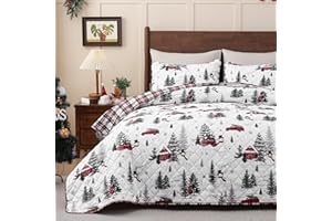 Invoibler 3 Piece Christmas Quilt Set Elegant Queen Size Bedspread Coverlet Lightweight Bedding Set with Snowman Christmas Tr