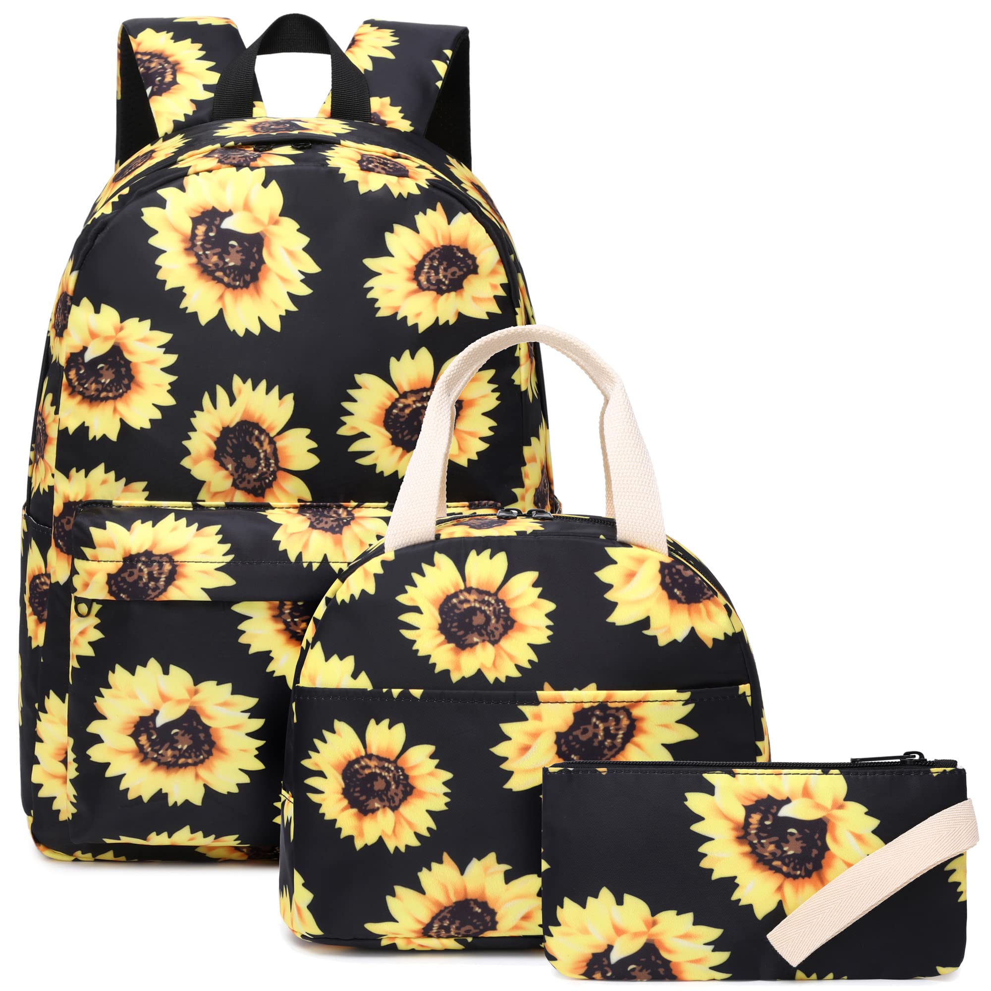 Kouxunt Sunflower Girls School Backpacks for Kids Teens, 3-in-1 School Bag Bookbags Set with Lunch Bag Pencil Case