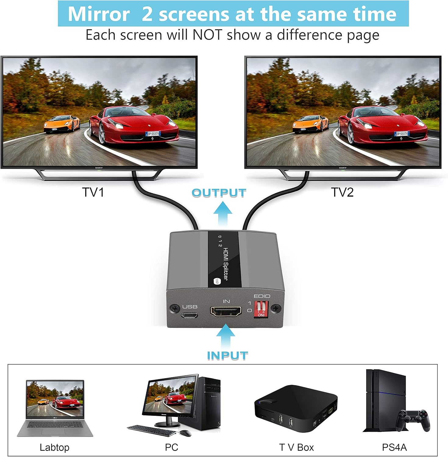 Amazon Com 4k Hdmi Splitter 1 In 2 Out Avedio Links 1x2 Hdmi Splitter For Dual Monitor Support 4kx2k 1080p 3d Hdr Dts Doby Truehd Edid Copy For Xbox Ps4 Fire Stick Roku Included