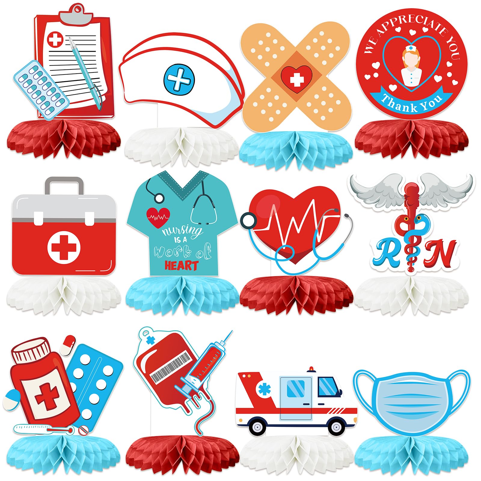 Photo 1 of 12 Pcs Nurse Day Party Decorations Honeycomb Centepieces 3D Nurse Appreciation Week Table Decor Nurse Day Table Topper for Nurses Week Graduation RN Themed Party Supplies