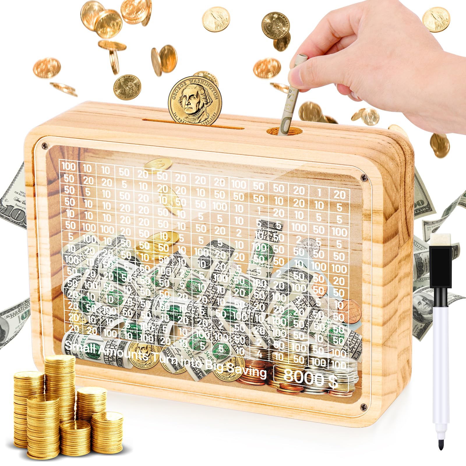 Cash Vault Wooden Savings Box, 8000 Savings