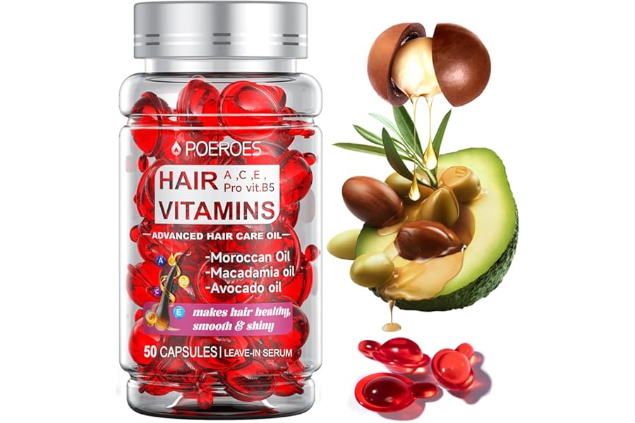 POEROES Hair Oil 50 Capsules – Hair Vitamins A C E Pro B5 – Hair Treatment Serum – Hair Serum for Frizzy and Damaged Hair – Argan & Avocado Oil – Leave in Conditioner for Women & Men