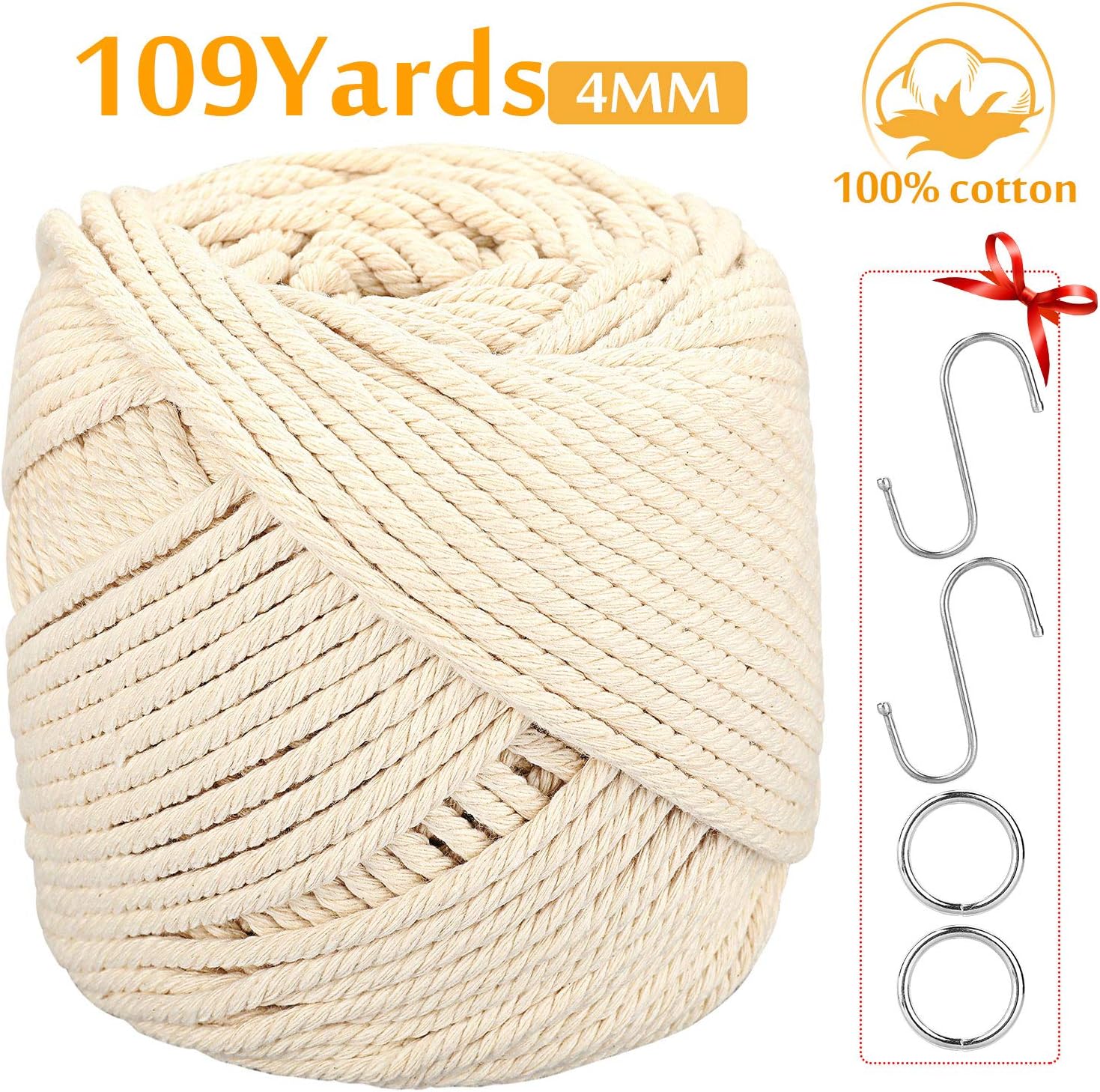 Macrame Cord, ONME 4mm X 100m (109 yds) Natural Virgin Cotton Rope Natural Color Macrame Cord Wall Hanging Cord Plant Hanger Rope Macrame Swing Chair Boho Dream Catcher DIY Craft Cord Knitting Rope