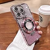 Magnetic Kickstand Case for iPhone 16 Plus with Glitter Lens Protector, Compatible with Magsafe, Luxury Bling Diamond Cover Glitter Rhinestone Phone Case Women (Pink, for iPhone 16 Plus 6.7")