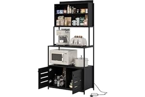 Furniouse 5-Tier Kitchen Bakers Rack with Power Outlet, Industrial Microwave Oven Stand with Shelves, Kitchen Utility Storage Shelf with Cabinet, Standing Kitchen Storage Rack,Black