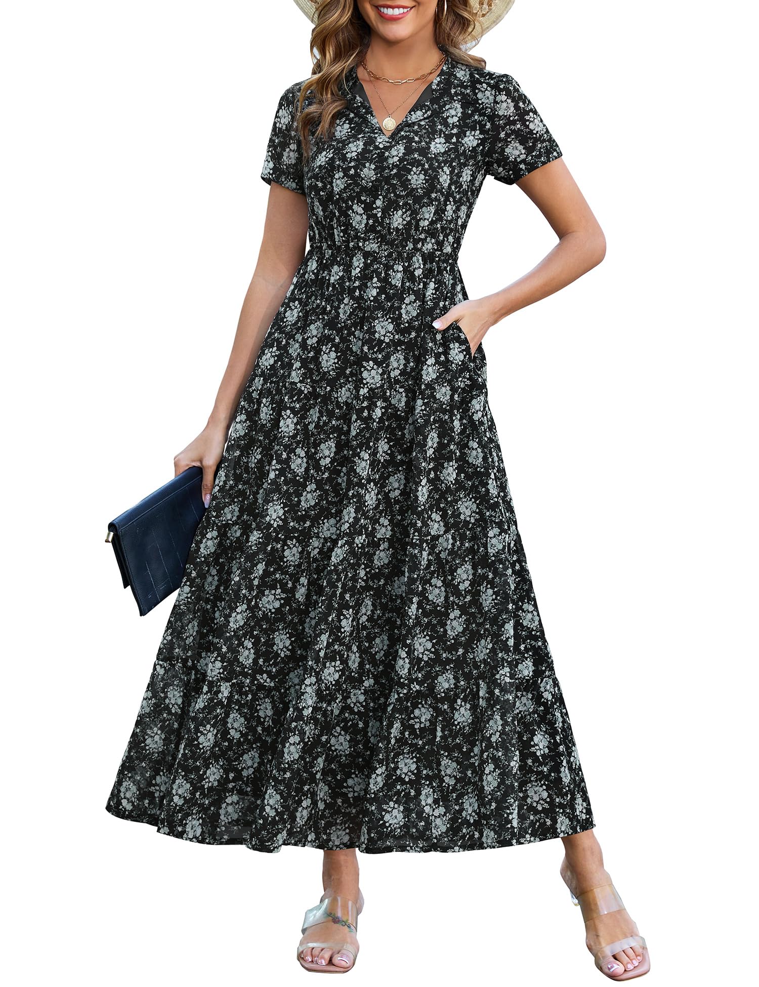Photo 1 of Kranda Summer Dress 2025 Spring Collared V Neck Short Sleeve Button Down Casual Chiffon Long Beach Boho Black Green Floral Maxi Dress with Pockets,Large
