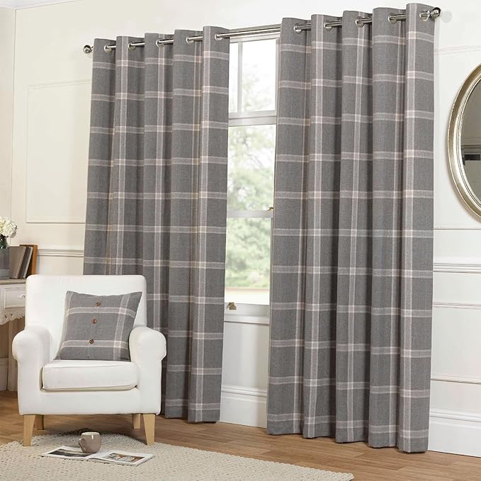 Just Contempo Tartan Eyelet Lined Curtains, Grey, 90x90 inches Amazon