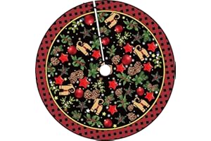 Festive Tree Skirt, 48 Inch Yule Tree Cover, with Fir Cones & Decorations, Buffalo Plaid Holiday Base Mat for Chapel Gatherin
