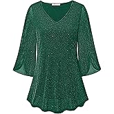 Bebonnie Womens Ruffle 3/4 Sleeve V Neck Double Layers Mesh Blouses Loose Fit Flowy Tunic Tops