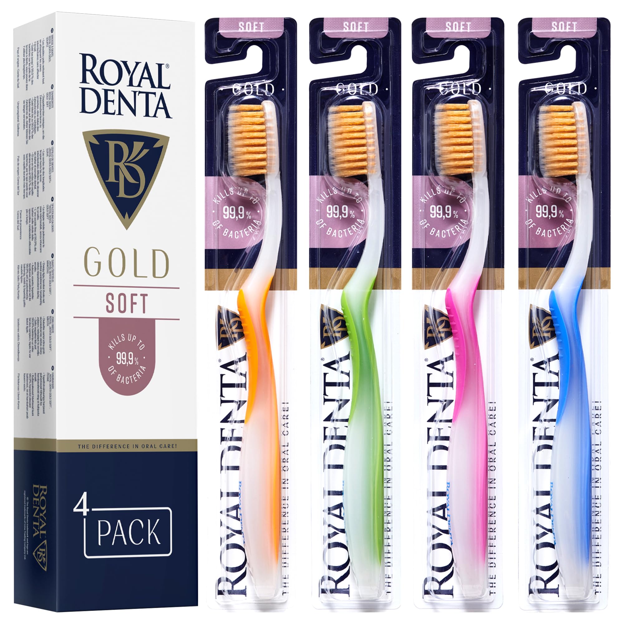 Royal Denta Soft Toothbrushes Multipack for Adults, Dual Length Gold Infused Soft Bristles for Sensitive Teeth & Gums, Interdental Cleaning & Flossing Tooth Brush Set, Pack of 4 (Multi-Colour)