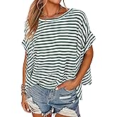 Tankaneo Womens Oversized Striped Tshirts Irregular Hem Batwing Short Sleeve Tops Summer Casual Round Neck Tee Shirts