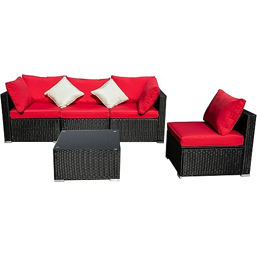 Diophros 5 Pieces Patio Furniture Sets, Outdoor All-Weather Sectional Sofa, Weaving Wicker Rattan Patio Conversation Set with Cushions & Glass Coffee Table (Red)