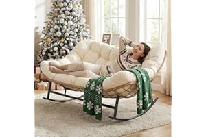 NICESOUL Oversized Double Rocking Papasan Chair with Thick Cushion, 2 Person Big Wicker Outdoor Comfy Recliner, Extra Large Heavy Duty 700 lbs Egg Loveseat for Patio, Balcony, Backyard, Garden, Beige