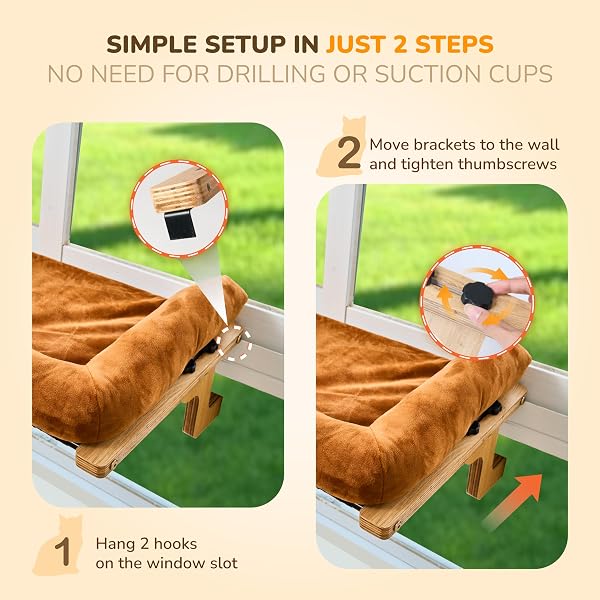 [READY TO GIFT] PURRHOUSE 45LBS CAT WINDOW PERCH WITH BOLSTER, HAMMOCK SEAT WITH PLYWOOD & METAL FRAME, CAT BED FOR WINDOWSILL, BEDSIDE AND CABINET (NATURAL WOOD & BROWN CUSHION, 24.8”W X 9.4”H)
