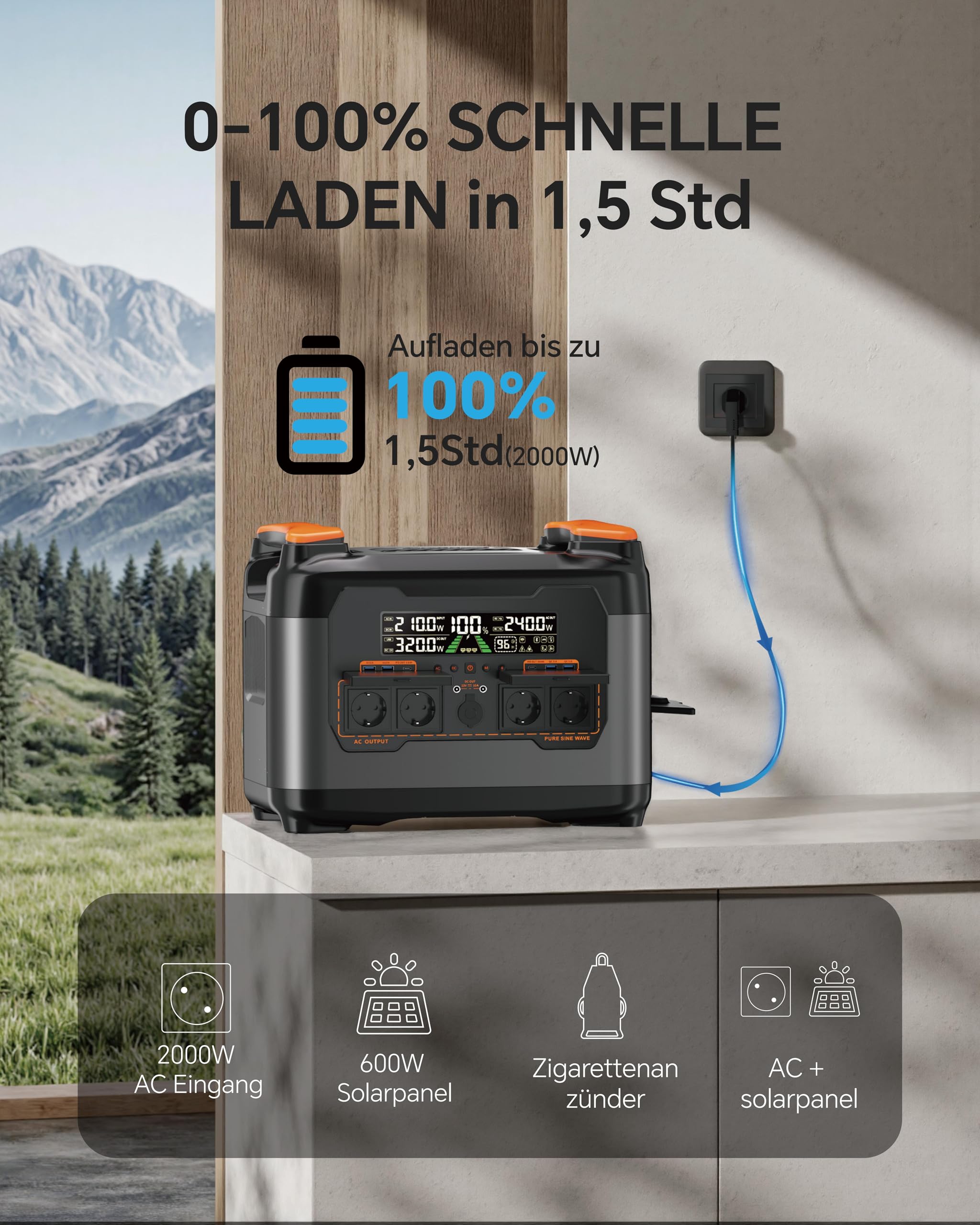 NECESPOW Tragbare Powerstation S2400, 2048Wh/2400W LiFePO₄-Akku,4x AC Ausgängen, 1,5 St Schnellladung, Mobile Stromversorgung, MPPT 600W Solargenerator für Hause Camping 4