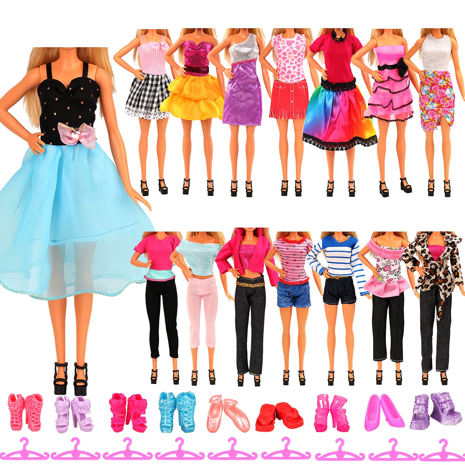 Miunana 30 pcs Doll Clothes and Accessories 10 Fashion Clothes Set 10 Fashion Skirts 10 Doll Shoes 10 Doll Heart Hangers Perfect for 11.5 inch Dolls
