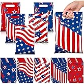 Blosssound 50 Pcs Patriotic Gift Bags 4th of July Party Favor Plastic American Flag Decorative Goodies Treat Bag with Handles for Independence Day Memorial Day Party Gift Wrapping Supplies Decor
