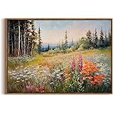 KISSFOX Vintage Framed Wall Art Decor Rustic Landscape Pictures Wall Decor Colorful Wildflower Paintings Forest Scenery Canvas Art Prints Modern Farmhouse Artwork For Bedroom Kitchen Living Room