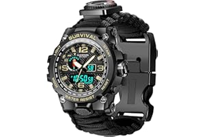 Kavie 23-in-1 Military Tactical Watch for Men, Multifunctional Outdoors Waterproof Survival Watches with Compass Whistle Fire Starter and Thermometer, Paracord Watch Bracelets with Outdoor Army Gear