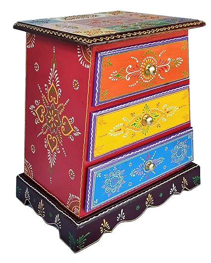 Anshika International Rajasthani Art Wooden Table With 3 Drawers Pyramid Shape Handpainted Bed Side Table Corner Table For Jewellery Vanity For Living Room Bedroom 12 7 X 16 5x 12 7 In Amazon In Home Kitchen