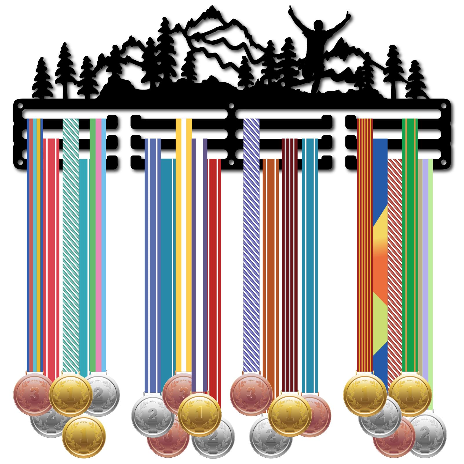 CREATCABIN Running Medal Holder Sports Medal Hanger Display Mountain Trees Cheer Wall Rack Metal Black Hanging Mount Decor Race Ribbons Organizer for Runners Marathon Athlete Players 15.7 x 5.9Inch