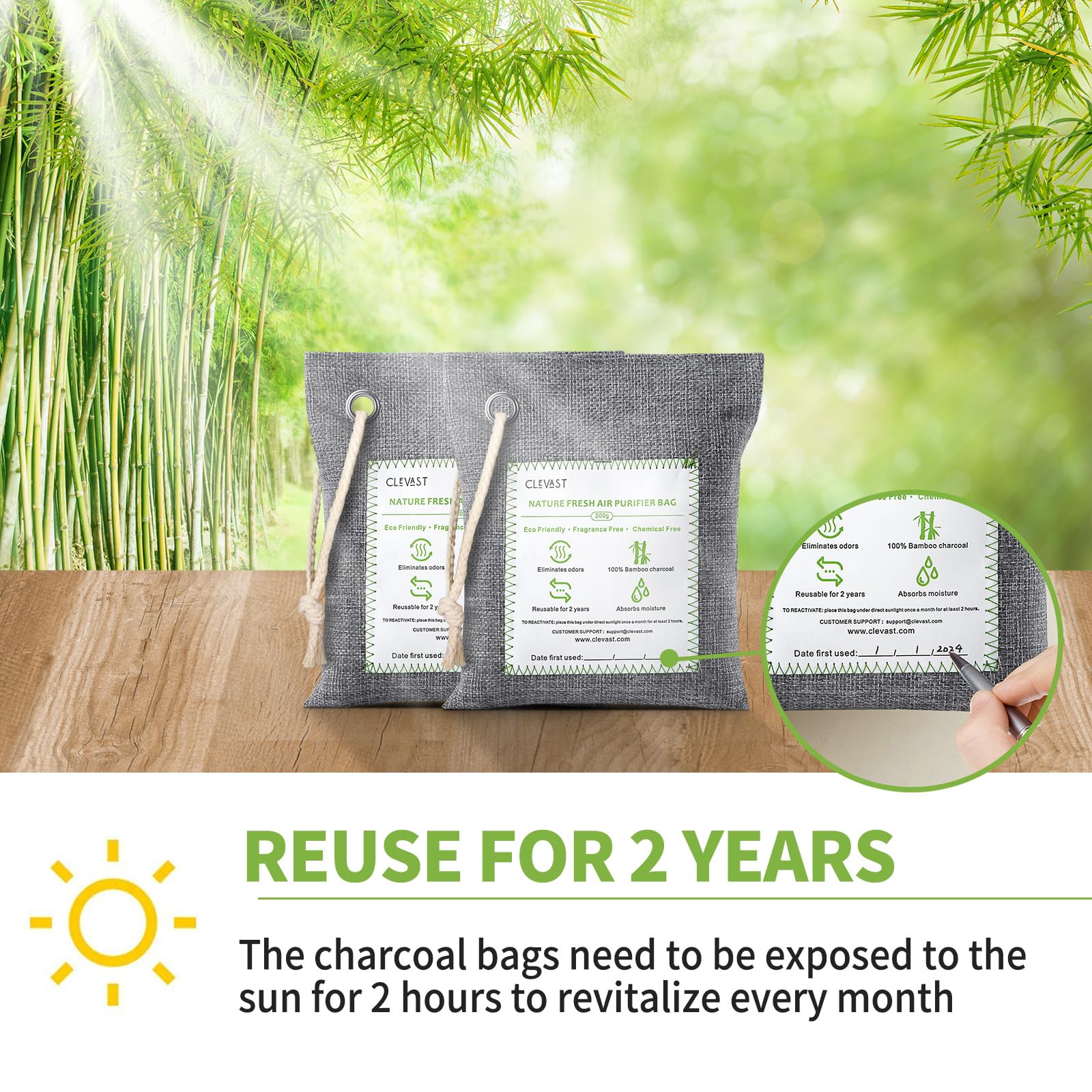 CLEVAST Bamboo Charcoal Air Purifying Bags (Large, 4×200g), Removes Odors and Moisture, Nature Fresh Air Purifier Bags, Odor Eliminator for Home, Car, Pets, Bathroom, Basement